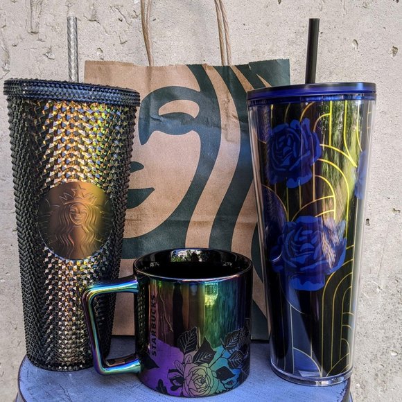 Starbucks Other - Starbucks Black Studded & Blue Rose Tumblers & Mug